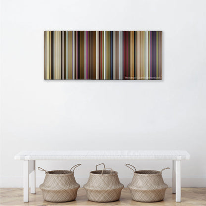 Yesterday color palette canvas above a white bench with three woven baskets
