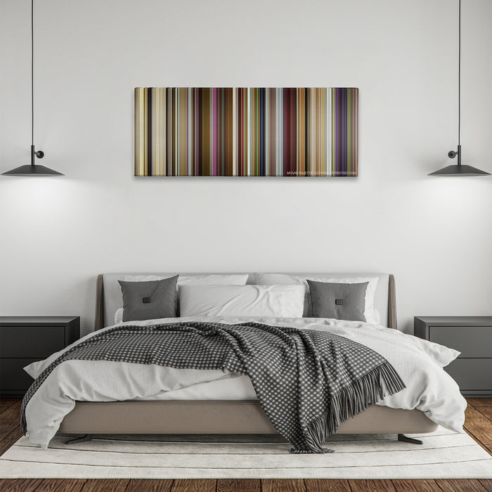 Yesterday color palette canvas above a bed, between two black pendant lamps