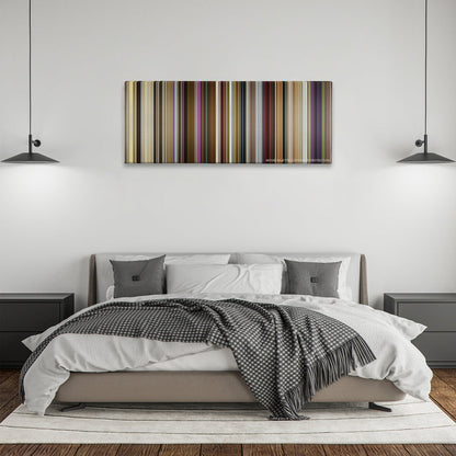 Yesterday color palette canvas above a bed, between two black pendant lamps