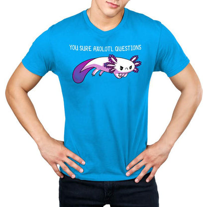 Premium Cotton T-shirt_TeeTurtle  cobalt blue You Sure Axolotl Questions apparel featuring grumpy purple axolotl with it's arms crossed, caption above says "YOU SURE AXOLOTL QUESTIONS".