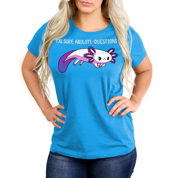 Premium Cotton T-shirt_TeeTurtle  cobalt blue You Sure Axolotl Questions apparel featuring grumpy purple axolotl with it's arms crossed, caption above says "YOU SURE AXOLOTL QUESTIONS".