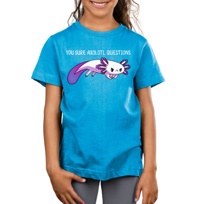 Premium Cotton T-shirt_TeeTurtle  cobalt blue You Sure Axolotl Questions apparel featuring grumpy purple axolotl with it's arms crossed, caption above says "YOU SURE AXOLOTL QUESTIONS".